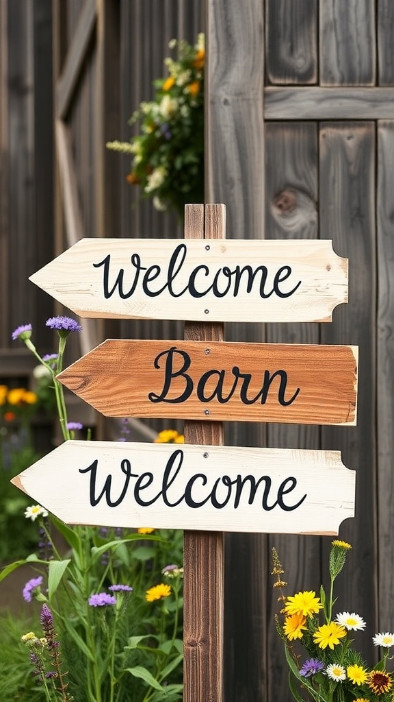 Wooden directional signs at a rustic barn wedding entrance