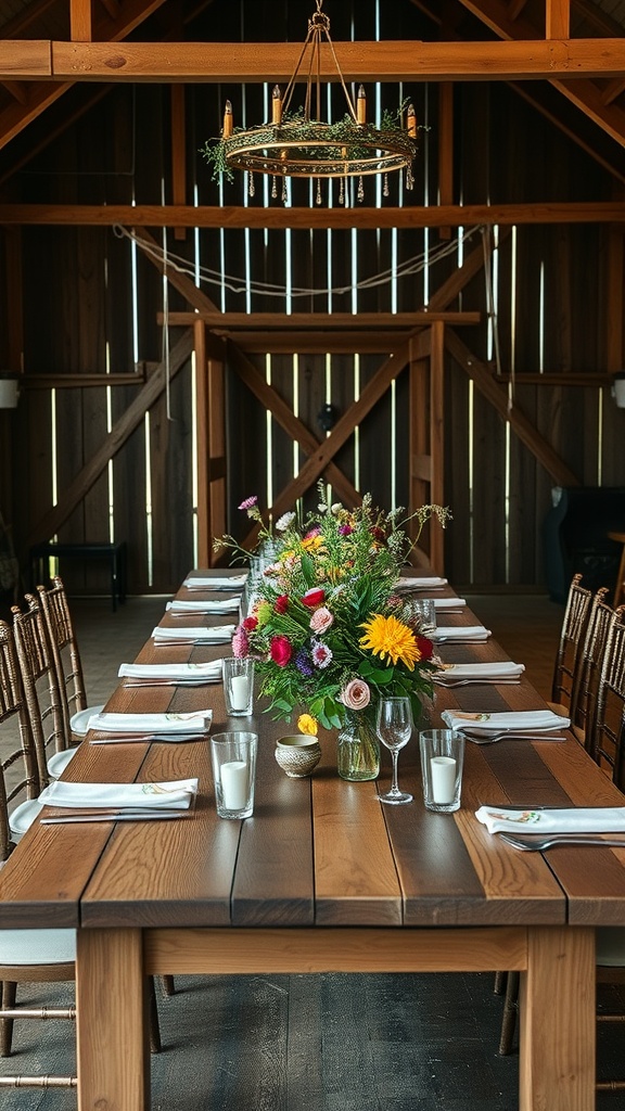 A rustic table setting in a barn with wildflower centerpieces and elegant glassware.