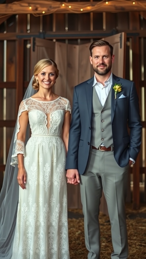 A bride and groom in rustic wedding attire standing in a barn.