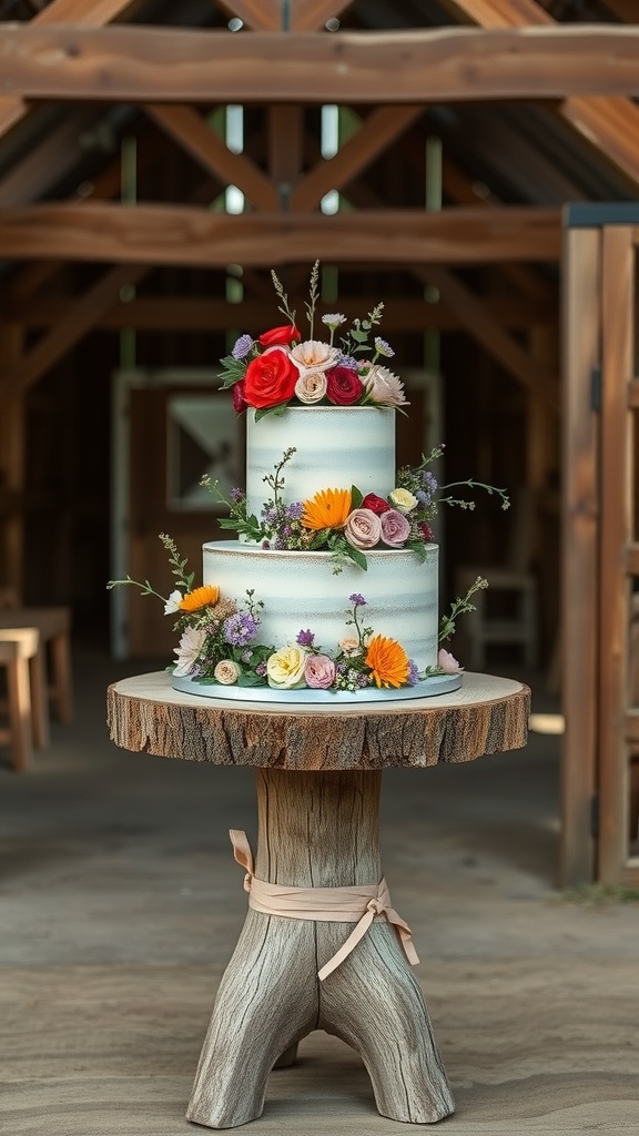 A rustic wedding cake on a wooden stand adorned with wildflowers.
