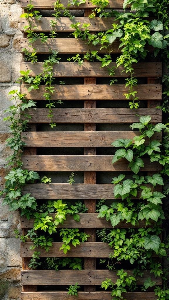A rustic wood pallet plant wall with various green plants growing through the slats.