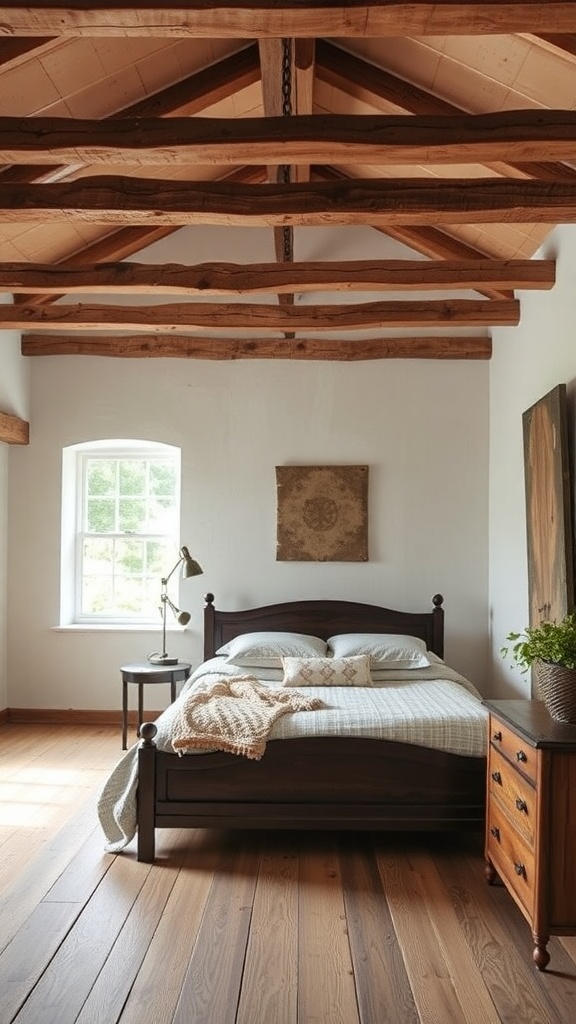A cozy bedroom featuring rustic wooden beams on the ceiling, a wooden bed, and warm-toned flooring.