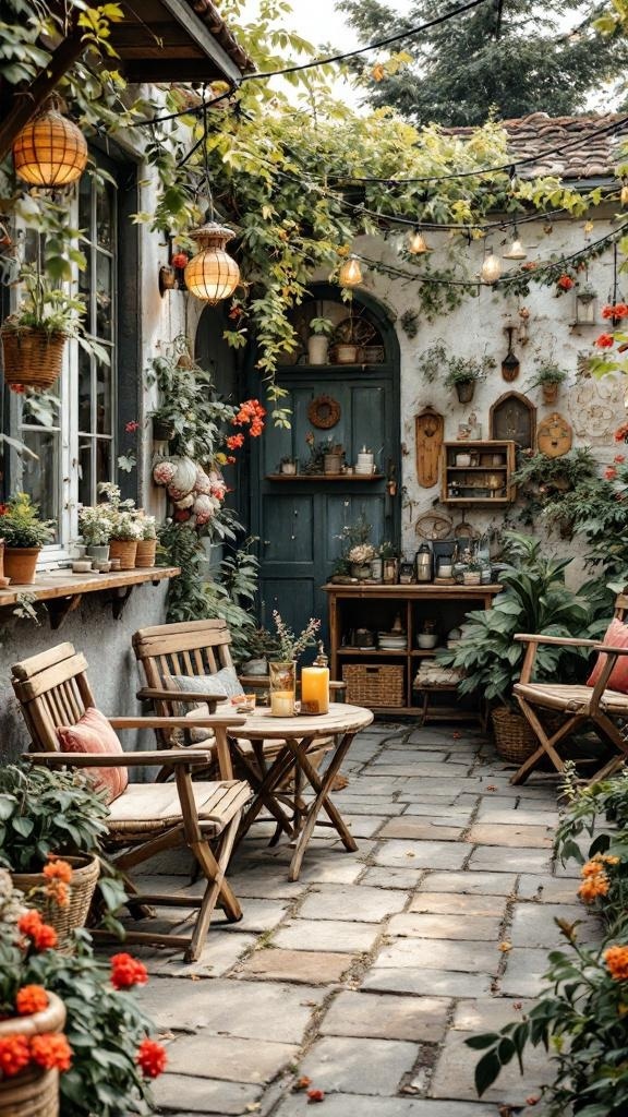 A cozy patio with rustic wooden furniture surrounded by plants and flowers.