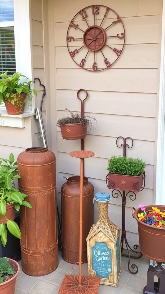Rusty metal accents with colorful plants in a cozy outdoor setting.
