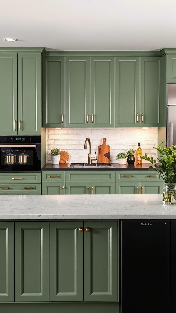A modern kitchen featuring sage green cabinets and black appliances.