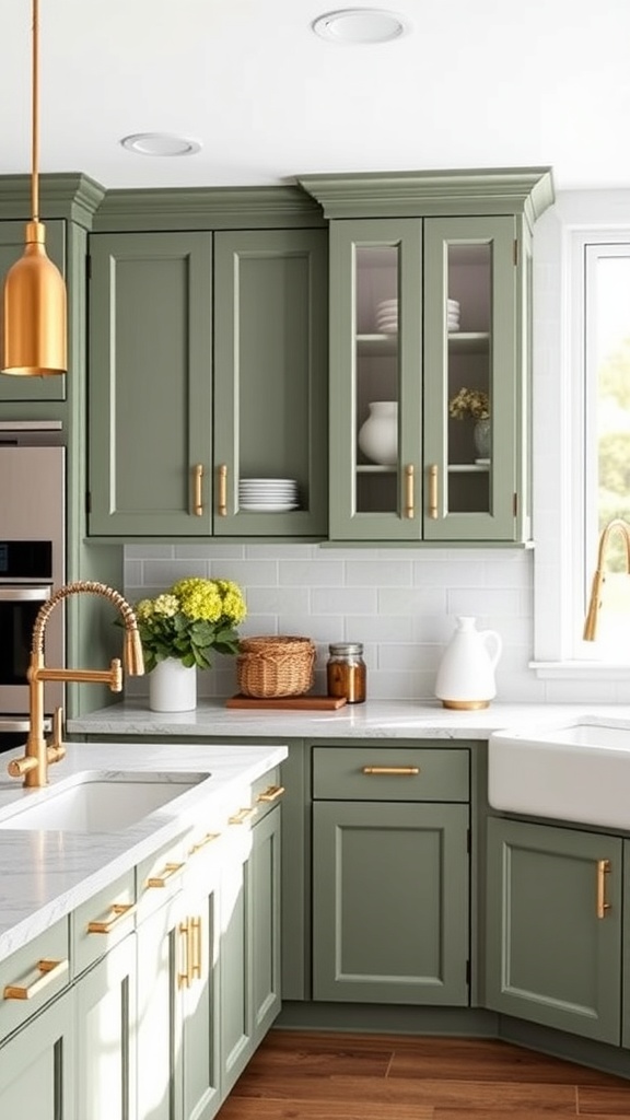 Sage green kitchen cabinets with brass accents and a modern sink.