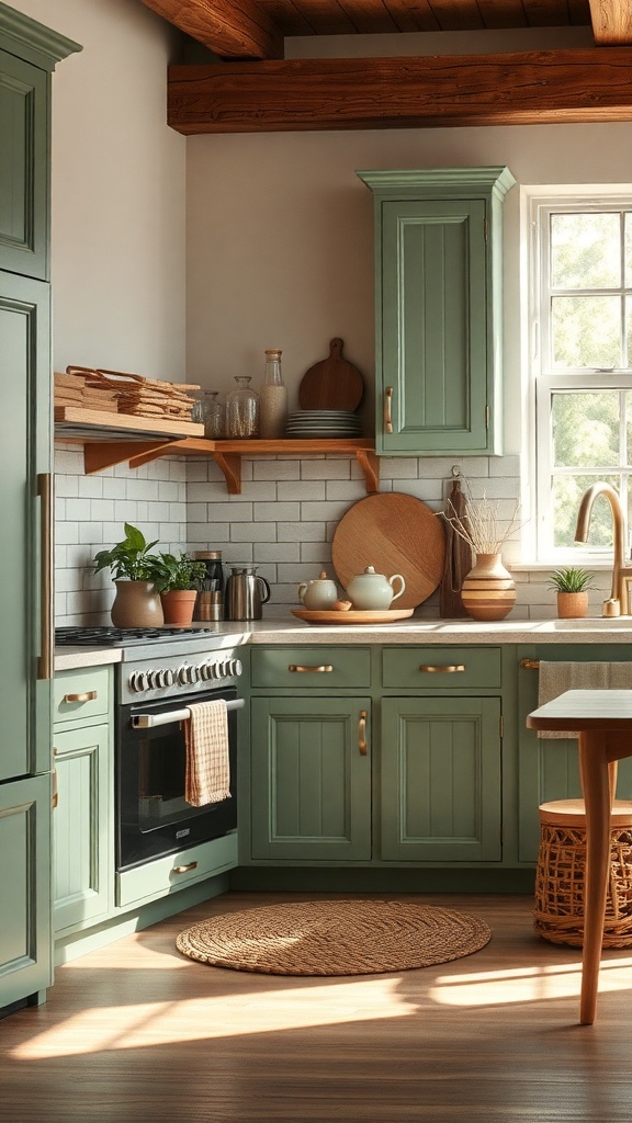 A cozy kitchen featuring sage green cabinets and earthy tones.