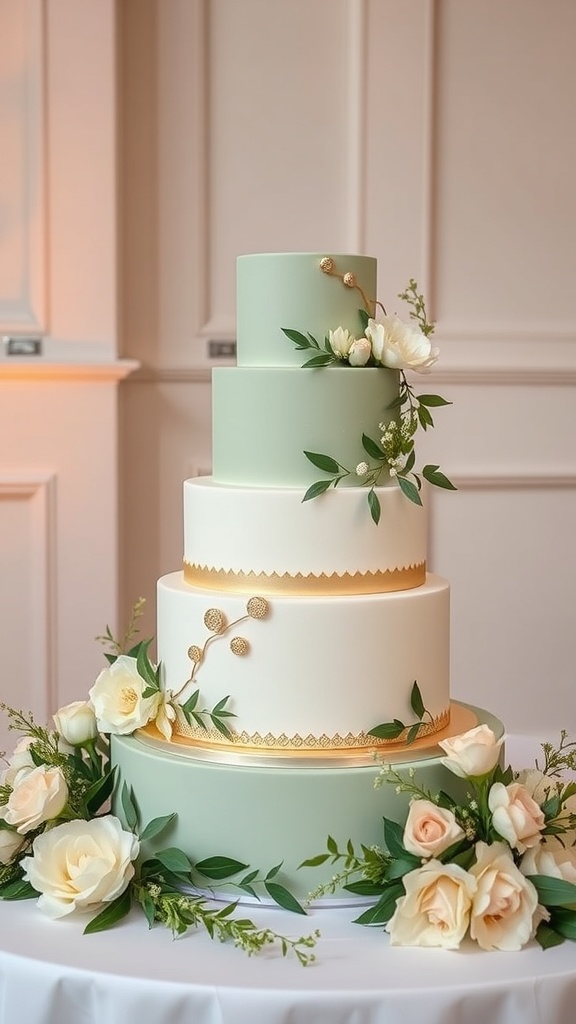 A multi-tiered wedding cake in sage green and white, decorated with gold accents and fresh flowers.
