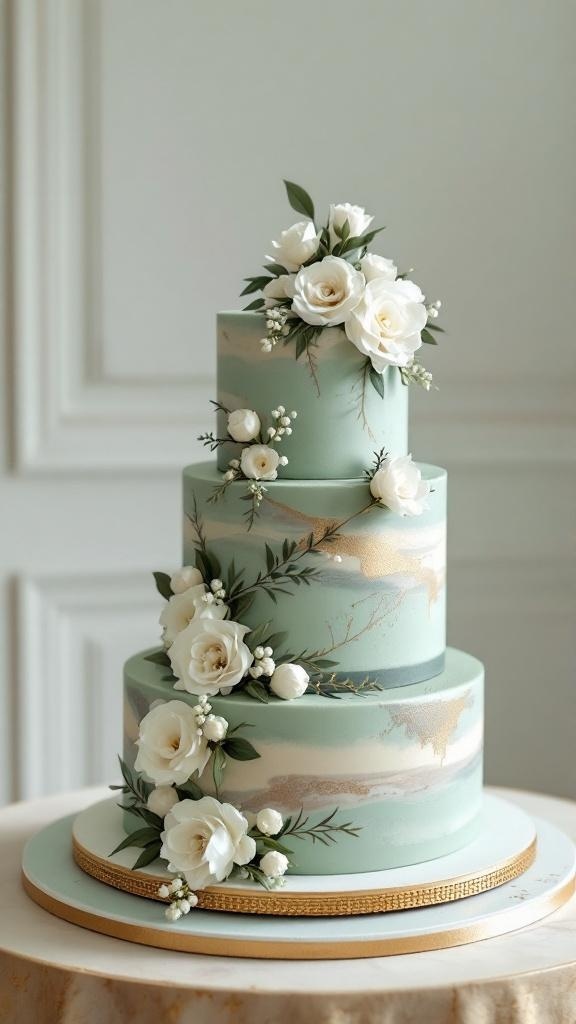 A multi-tiered wedding cake in sage green with gold accents and white floral decorations.