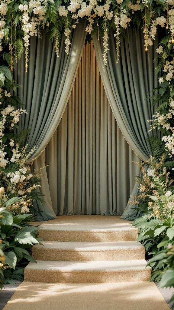Sage green and gold wedding ceremony decor with drapes and floral arrangements.