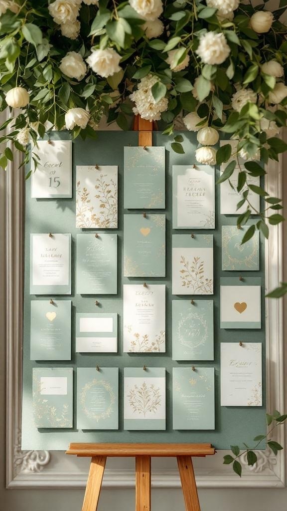 Sage green and gold escort cards displayed on a board with floral accents.