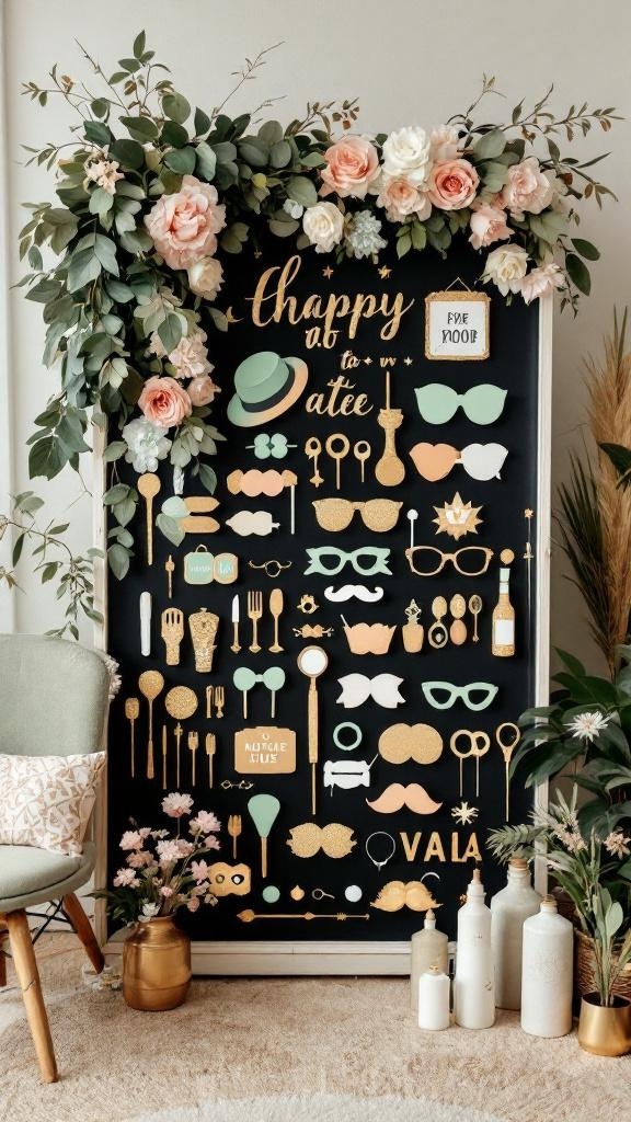 Sage green and gold wedding photo booth with props and floral decorations.