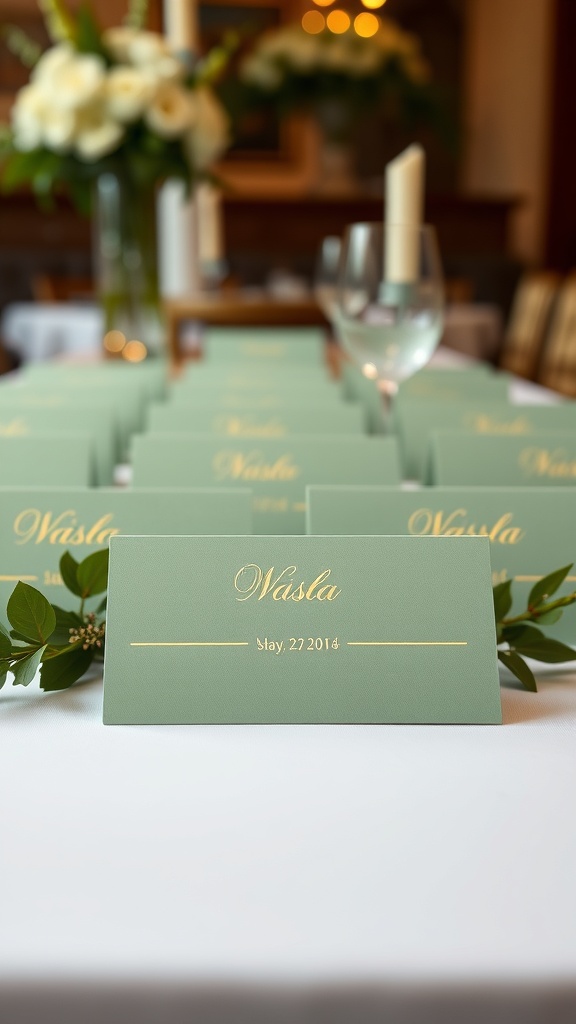 Sage green place cards with gold lettering on a table setting.