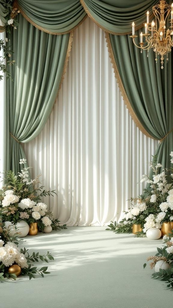 Sage green and gold wedding reception decor with drapes and floral arrangements.