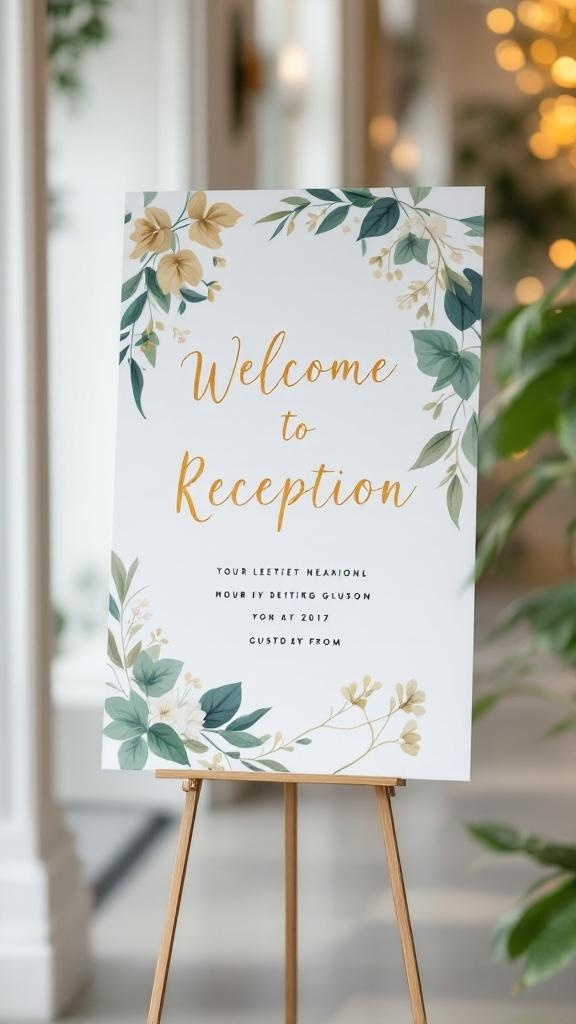 A welcome sign for a wedding reception featuring sage green and gold colors with floral accents.