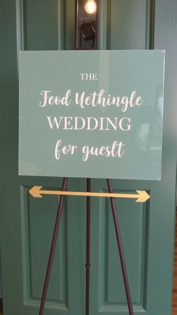 Sage green and gold wedding signage directing guests to the venue.