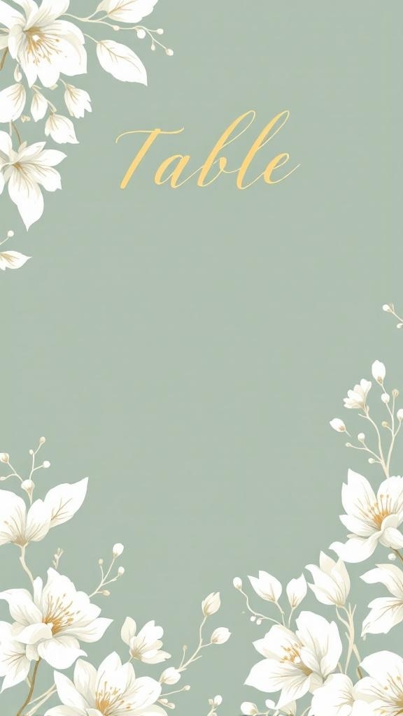 Sage green table number design with gold lettering and floral accents.