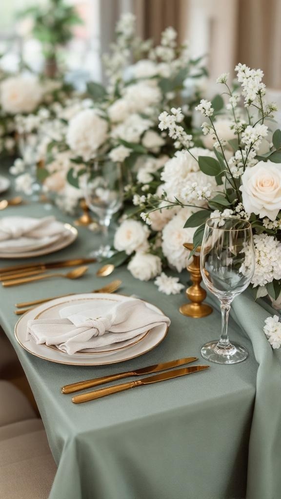 A beautifully arranged table setting featuring sage green tablecloth, gold cutlery, and white floral centerpieces.