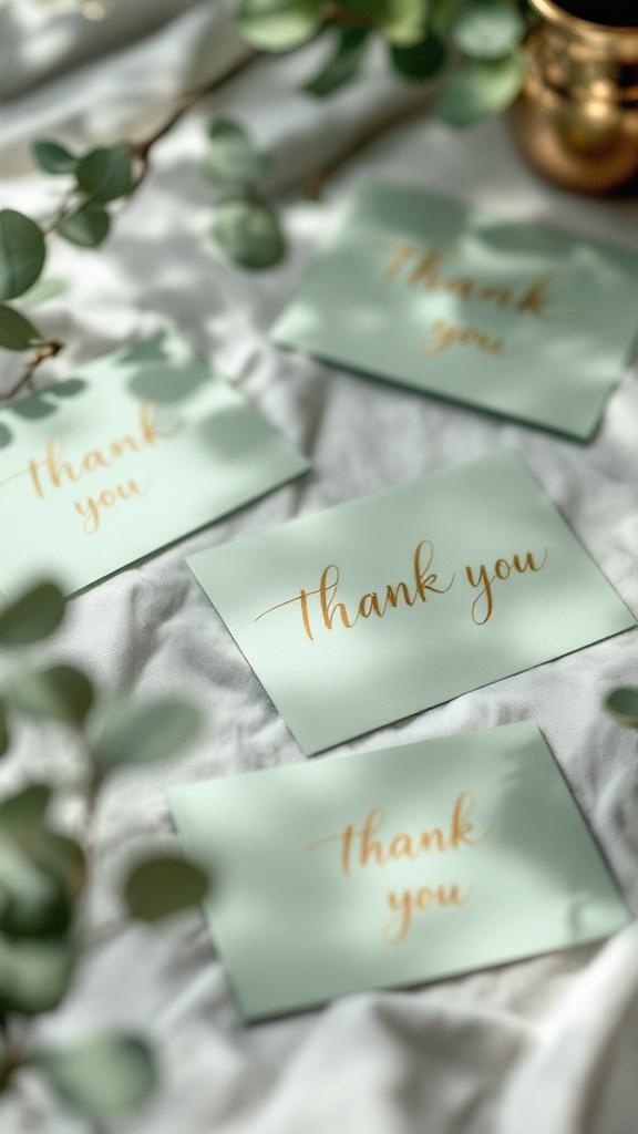 Sage green thank you cards with gold lettering on a soft background.