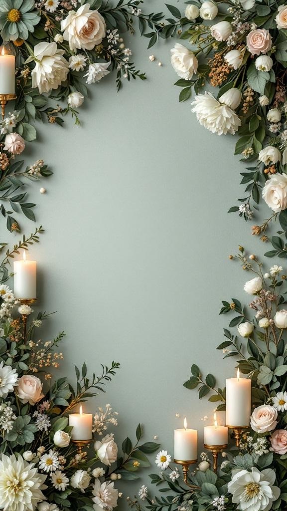 Sage green and gold themed wedding unity ceremony with flowers and candles.