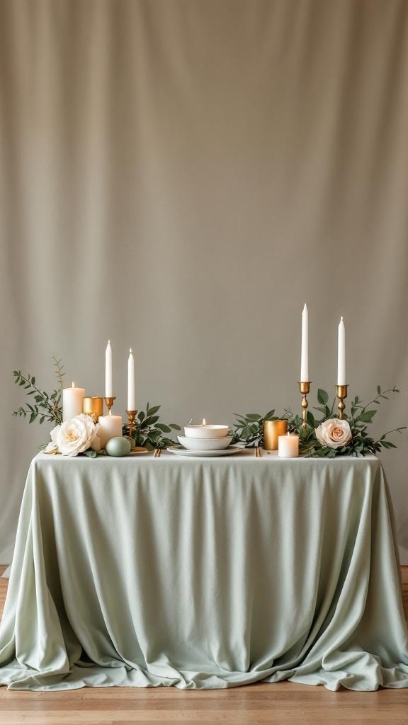 A sage green table with gold candles and white flowers for a wedding unity ceremony.