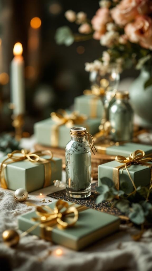 Sage green and gold wedding favors with gifts and decorations.