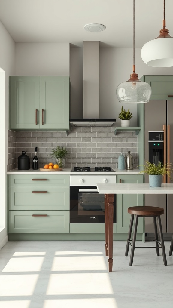 A stylish kitchen featuring sage green cabinets and gray tile backsplash.
