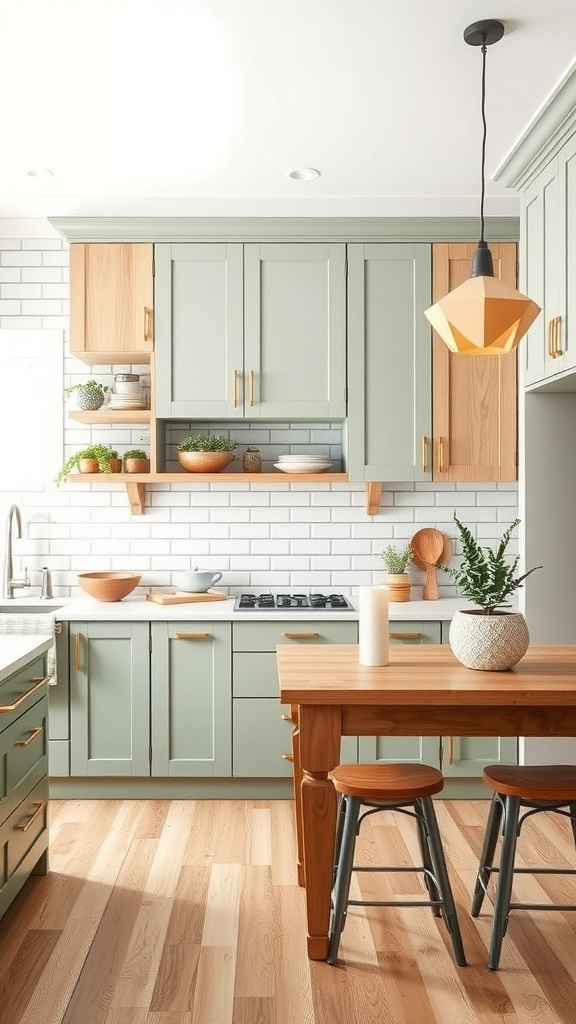 A kitchen featuring sage green cabinets and light wood accents, creating a warm and inviting atmosphere.
