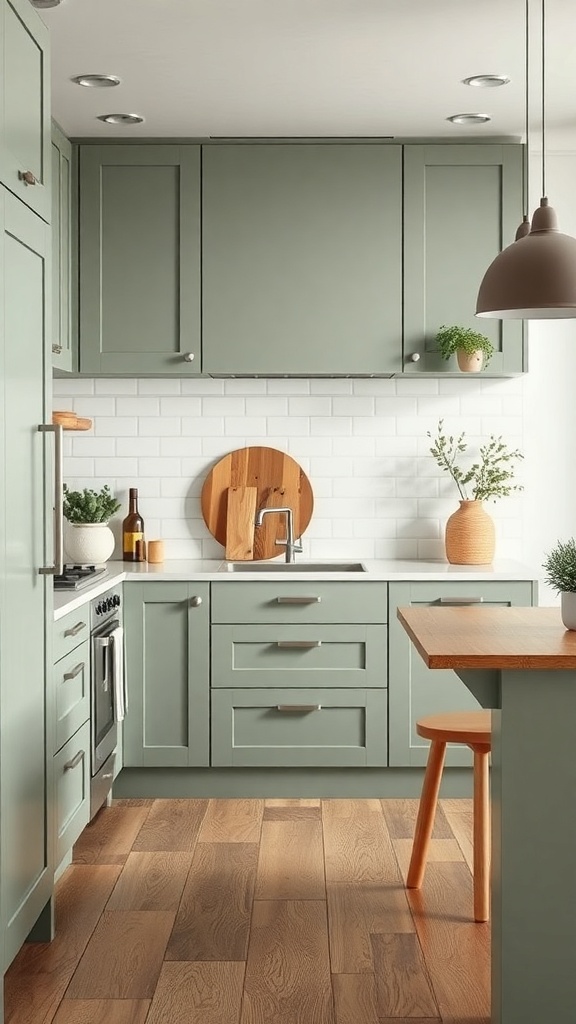 A kitchen featuring sage green cabinets and natural wood accents.