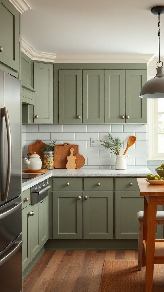 A cozy kitchen with sage green cabinets and warm neutral tones.