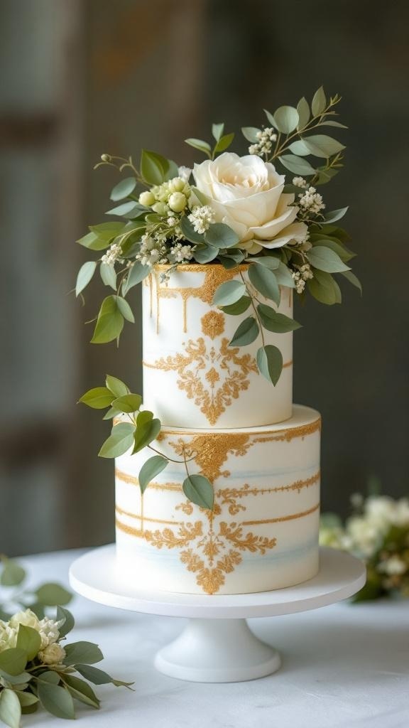 A beautifully decorated wedding cake with sage green and white floral accents.