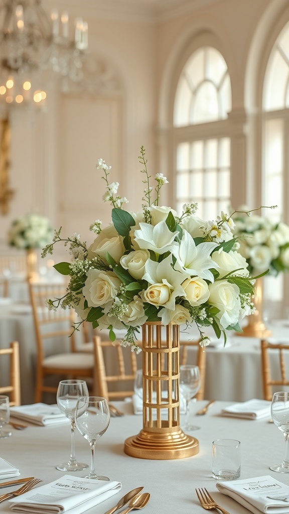 Elegant sage green and white floral centerpiece with gold base