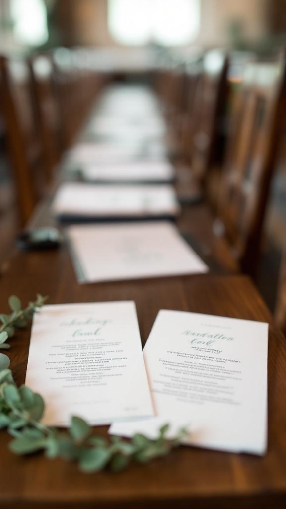 Sage green and white wedding ceremony programs on a wooden table