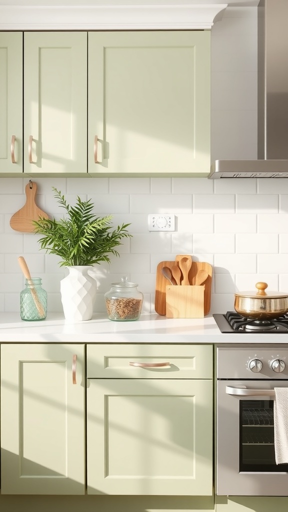 Sage green kitchen cabinets with white tiles and natural decor.