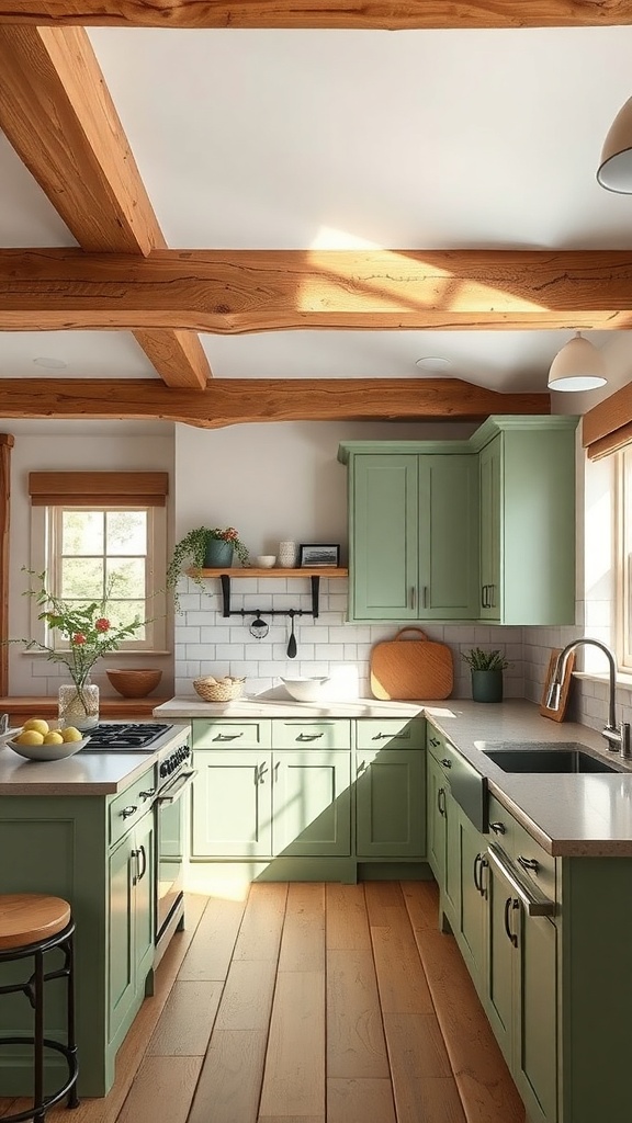 A kitchen featuring sage green cabinets and wooden beam accents.