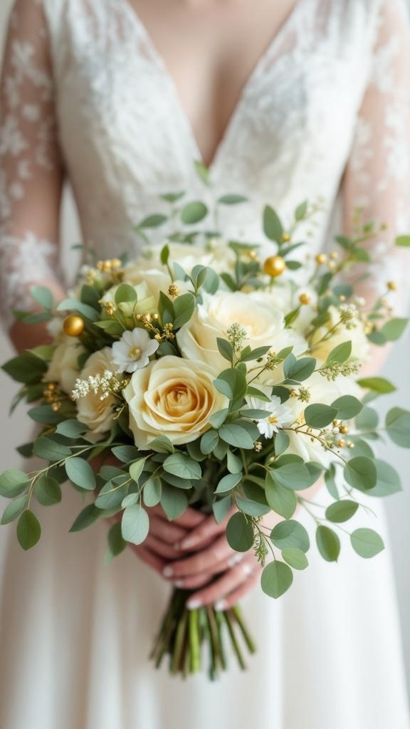 A beautiful sage green bouquet with gold accents, featuring roses and greenery.