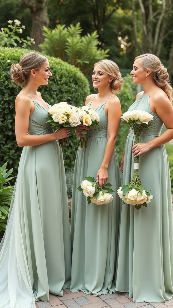 Three bridesmaids in sage green dresses holding white rose bouquets