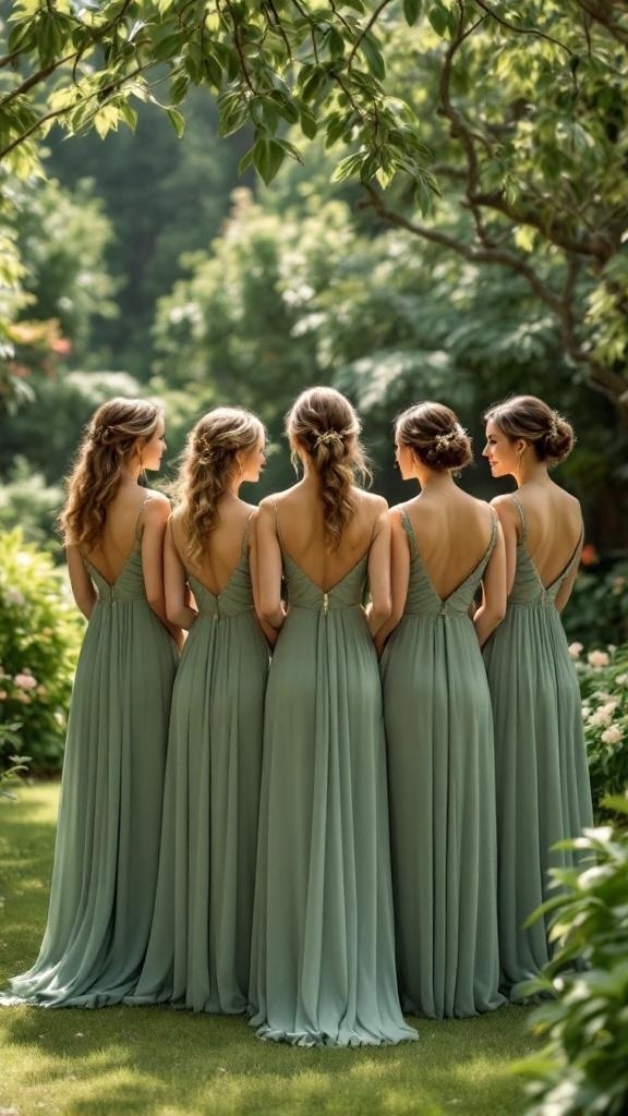 Five bridesmaids in sage green dresses standing together in a garden.
