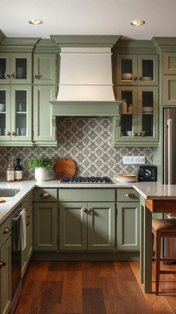 A kitchen featuring sage green cabinets, a white range hood, and wooden accents.