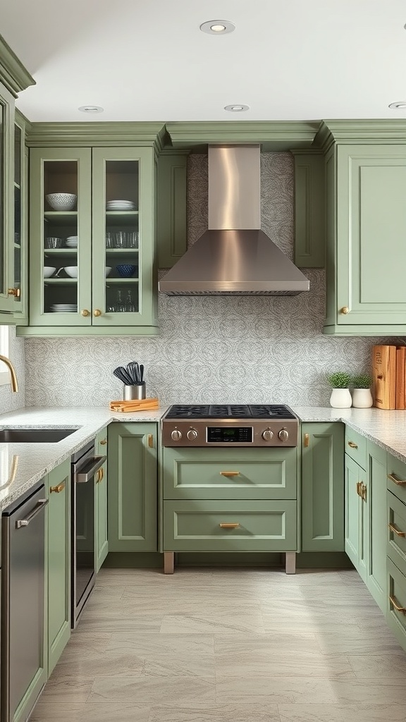 High-end kitchen featuring sage green cabinets with gold hardware and modern appliances.