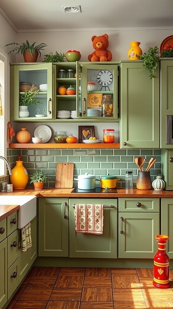 A cozy kitchen featuring sage green cabinets adorned with colorful decor, including plants, vibrant pots, and cheerful accessories.