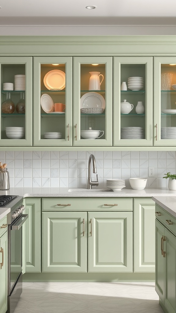 A kitchen featuring sage green cabinets with glass doors, displaying white dishes and decorative items.