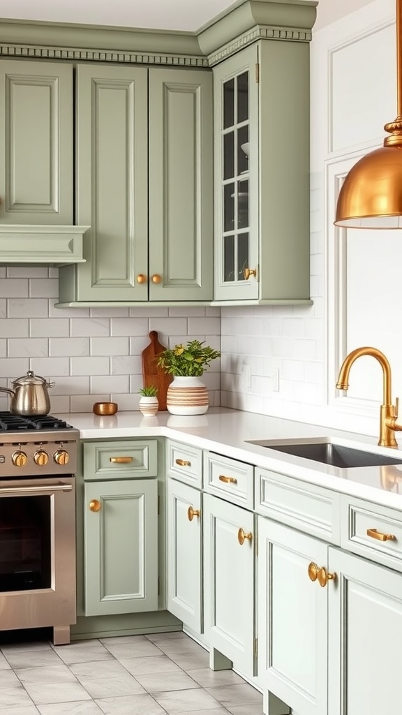 A kitchen featuring sage green cabinets with gold hardware, showcasing a modern and elegant design.
