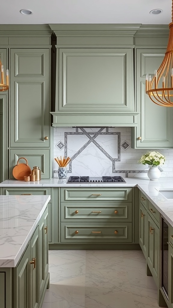 A kitchen featuring sage green cabinets and marble countertops.