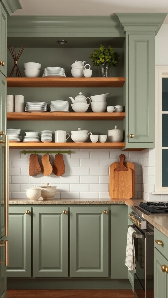 A kitchen featuring sage green cabinets and open wooden shelves displaying white dishware.