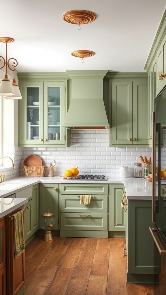 A kitchen featuring sage green cabinets with vintage touches, including brass hardware and wooden accents.