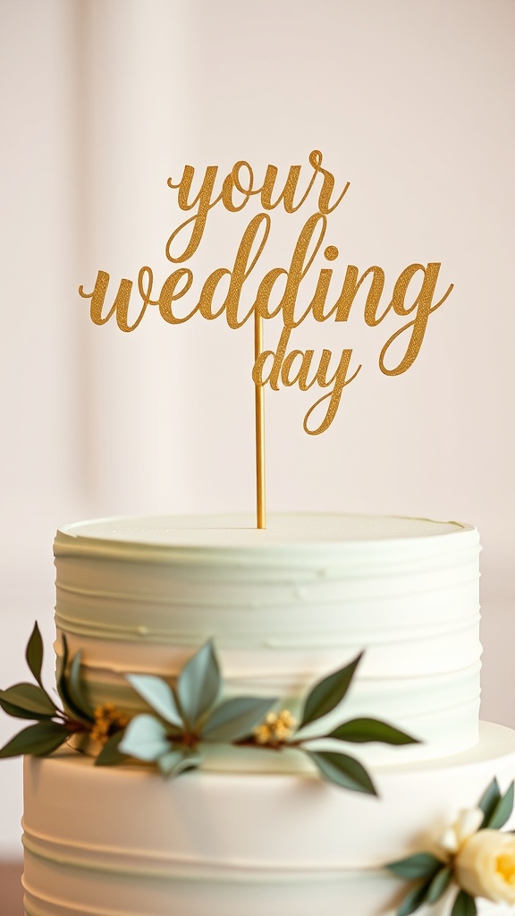 Sage green cake topper with the text 'wedding day' on a wedding cake.