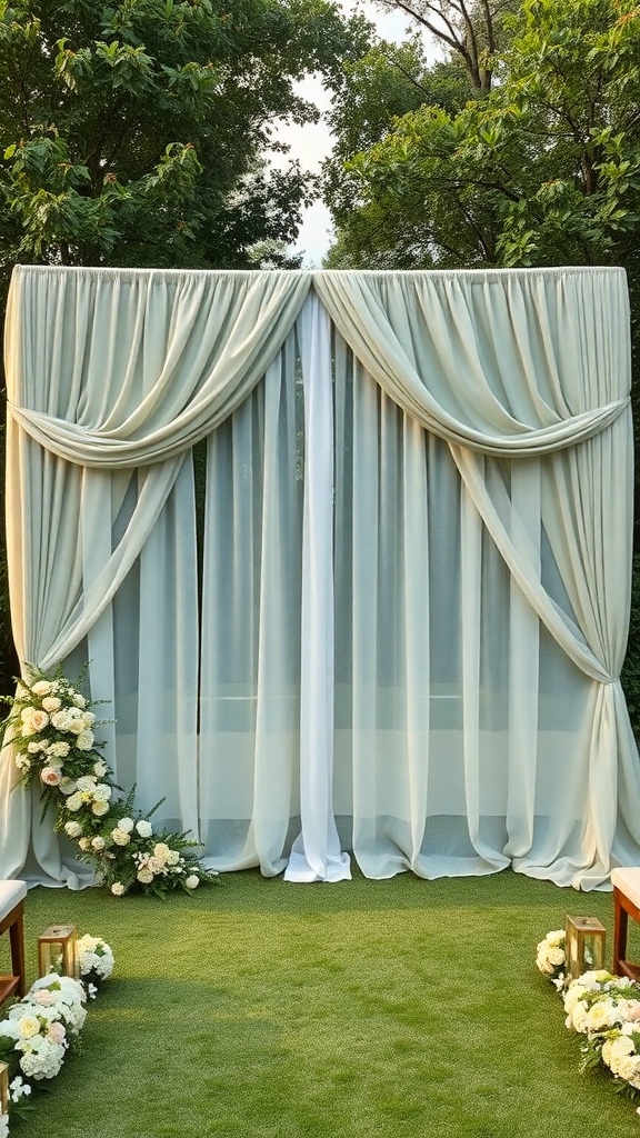 Sage green ceremony backdrop with draped fabric and floral arrangements