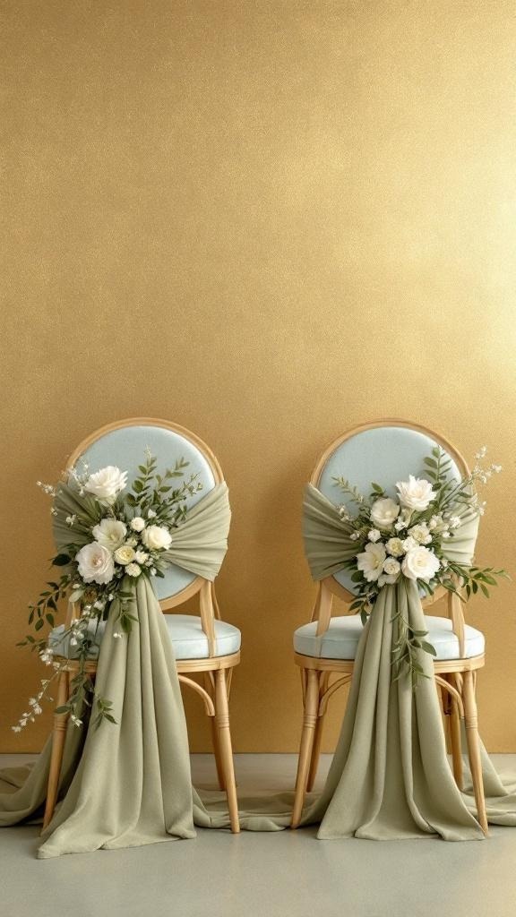 Sage green chair decorations with white flowers