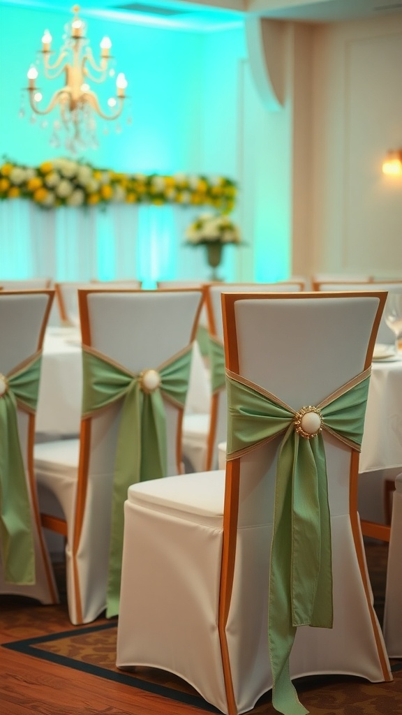 Sage green chair sashes tied on white chairs in a wedding setting.